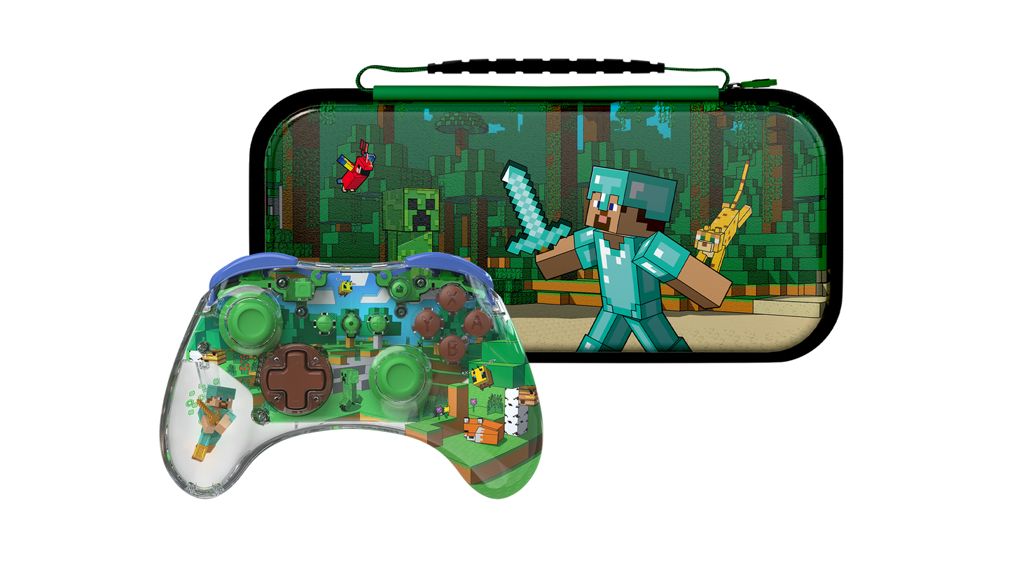 PDP REALMz™ Wireless Controller: Minecraft Forest Biome + Travel Case Plus Minecraft Forest Battle for Nintendo Switch™ Bundle