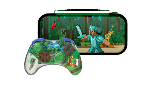 PDP REALMz™ Wireless Controller: Minecraft Forest Biome + Travel Case Plus Minecraft Forest Battle for Nintendo Switch™ Bundle